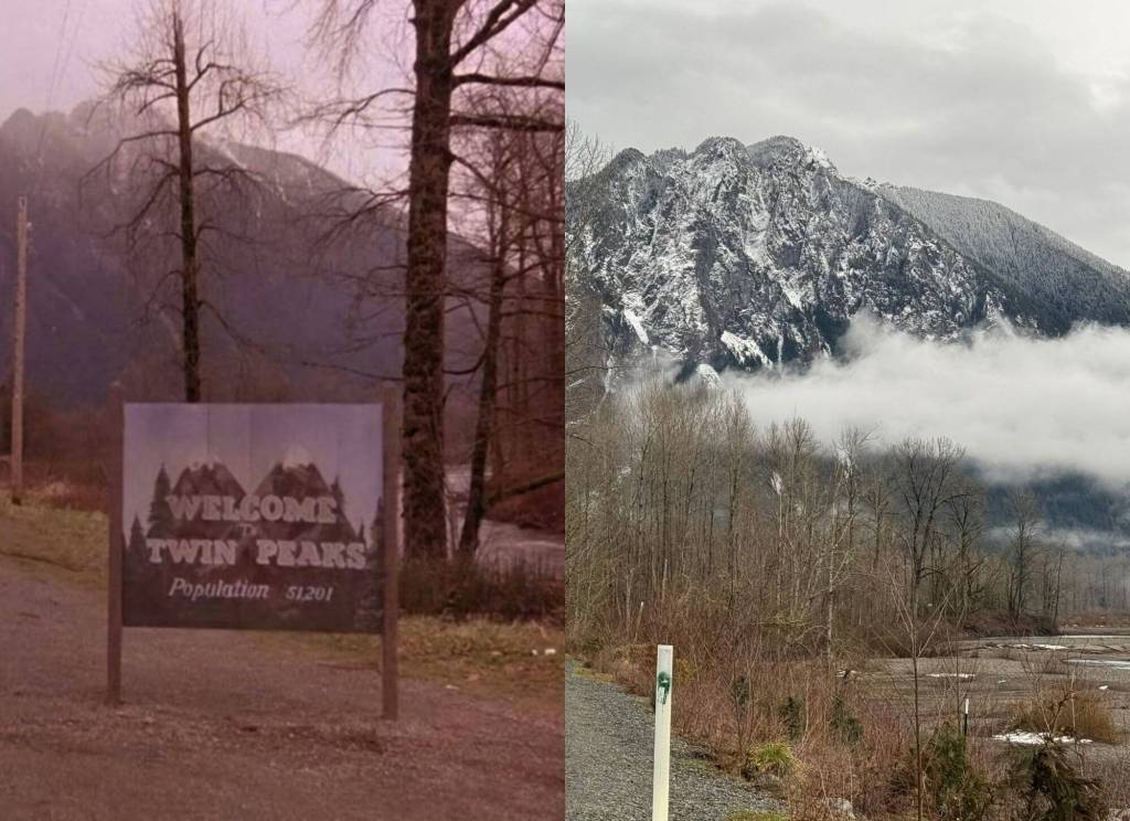 Grace Gorenflo / Valley Record
A then versus now comparison of the location of the Welcome to Twin Peaks sign from the shows opening credits. Left: A snapshot of Twin Peaks season 1, episode 1. Right: Mount Si from SE Reinig Road, Feb. 15, 2025.