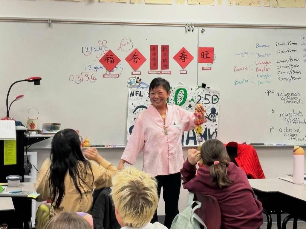 Mercer Island community member Pauline Lo visited West Mercer Elementary fifth-graders in Julie Langleys class on Feb. 23 to speak about Lunar New Year and Chinese culture. Students then designed Chinese calligraphy bookmarks with Lo with their choice of one of six phrases or greetings: Prosperous; Spring; Happy New Year; Wishing You Good Health, Great Good Luck; or Good Fortune, Happiness, Luck. Photos courtesy of the Mercer Island School District