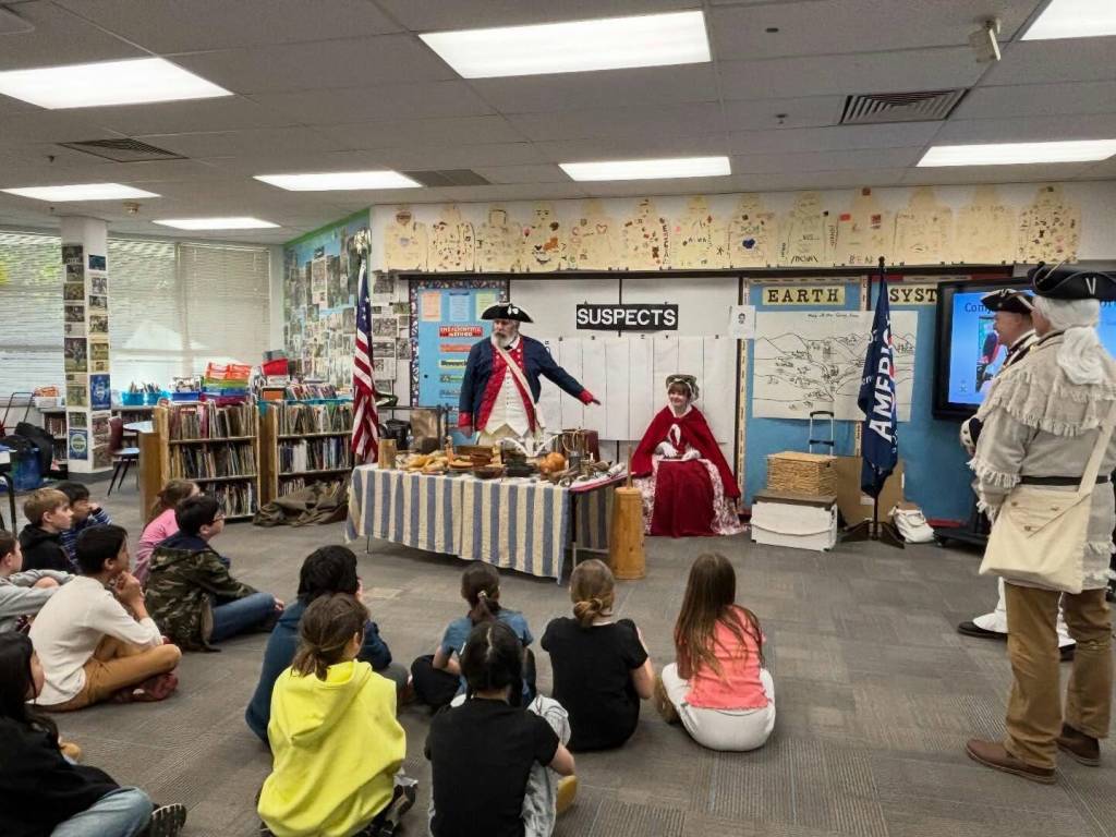 Revolutionary War reenactors visited fifth-graders at West Mercer Elementary on March 2 in conjunction with a unit the students are doing on the Revolutionary War. Photo courtesy of the Mercer Island School District