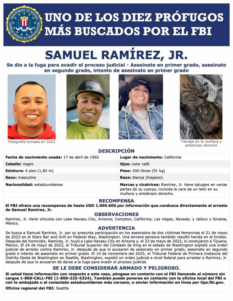 Samuel Ramirezs FBI wanted poster in Spanish.