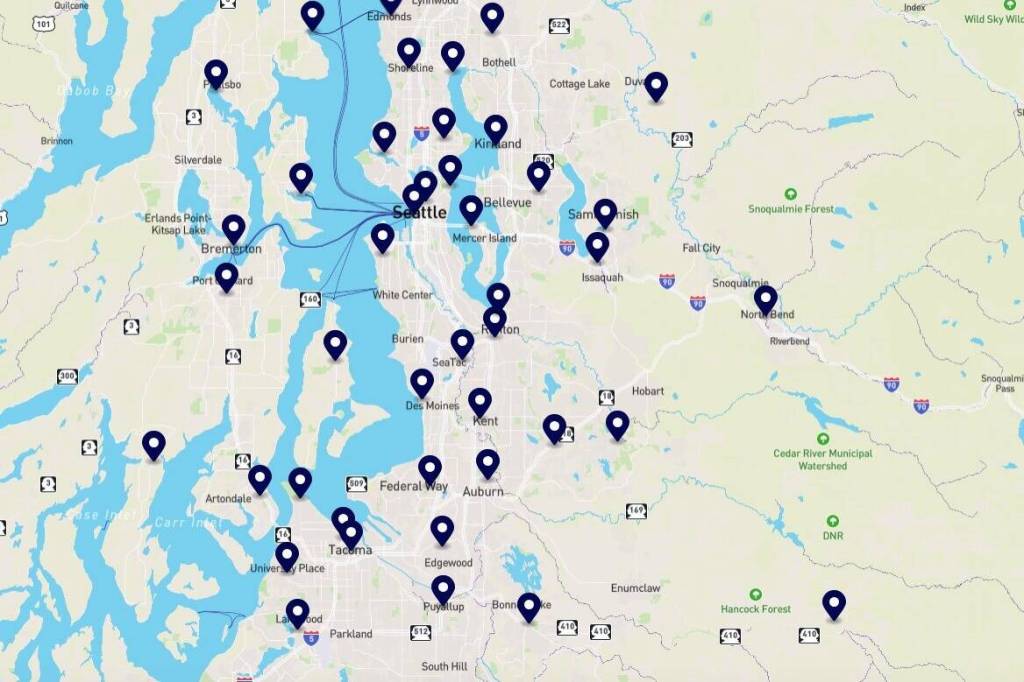 Screenshot shows a map of No Kings rallies in King County for March 28, 2026.