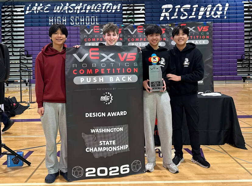 From left to right, Mercer Island High Schools Brian Kwon, Til Wyss, Harry Nguyen and Henry Xing with the Design Award from the V5RC Regional Championship. Photo courtesy of the Mercer Island School District