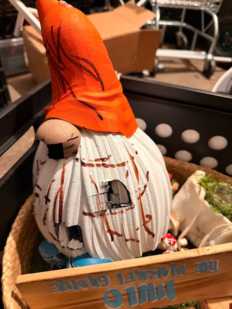 Milo, the Mercer Island Farmers Market gnome mascot, was smashed by thieves at the markets storage shed behind Mercerdale Park. Courtesy photo