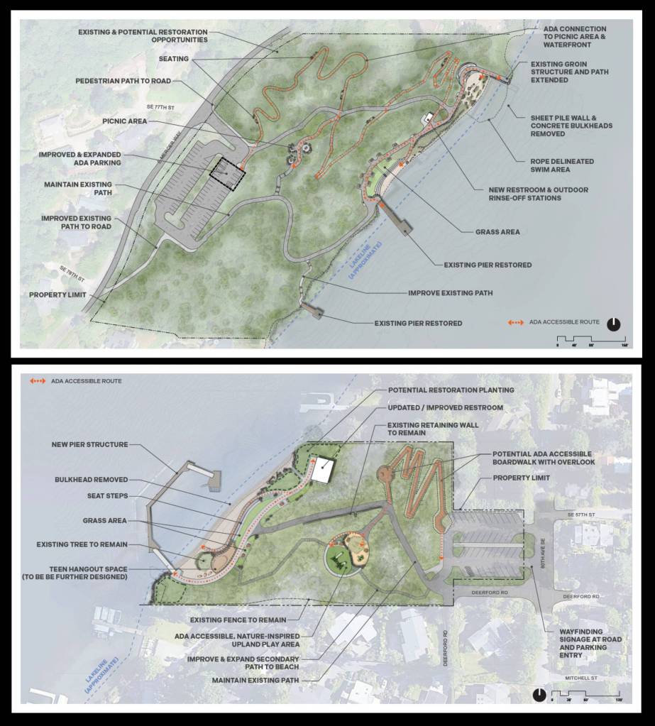 From top to bottom: Clarke Beach Park and Groveland Beach Park preferred plans. Courtesy of the city of Mercer Island