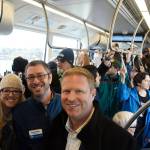 From left, Mercer Island City Manager Jessi Bon, councilmember Wendy Weiker, Deputy Mayor Daniel Becker and Mayor Dave Rosenbaum on the packed first train to Mercer Island on March 28. Photo courtesy of the city of Mercer Island