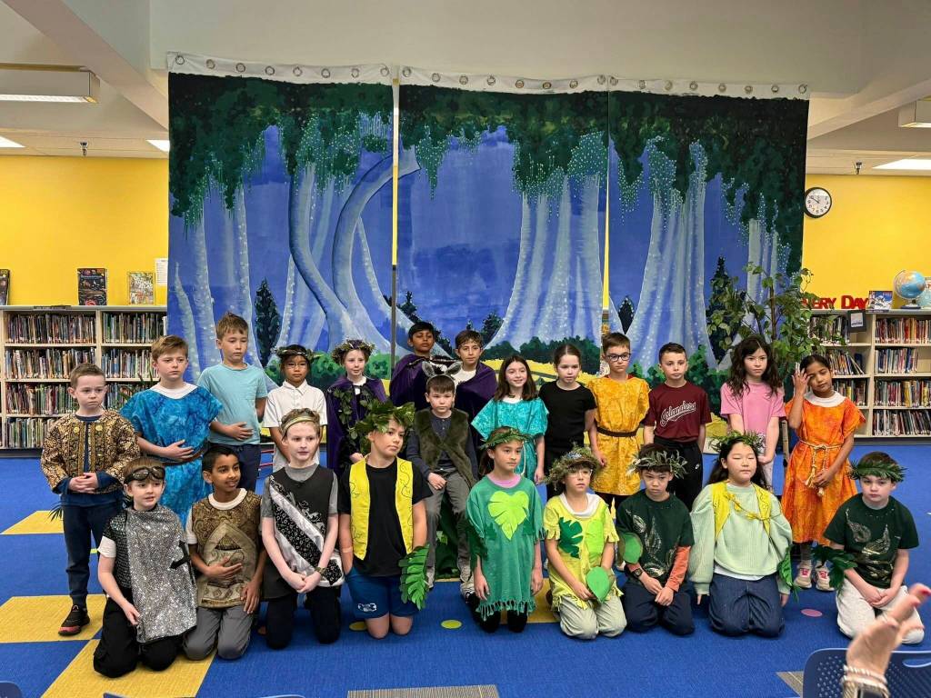 On April 7, each Lakeridge Elementary School third-grade class performed an abbreviated performance of Shakespeares A Midsummer Nights Dream in the school library. Heather Hawkins traveled from Los Angeles to work with Lakeridge students over five engaging sessions. She has been partnering with Lakeridge for more than 15 years. She is a professional actor who has performed with Luther Burbanks Shakespeare in the Park and has also worked with Youth Theatre Northwest. She is passionate about helping children appreciate and perform Shakespeare. The Lakeridge community, PTA and Mercer Island Schools Foundation supports this enrichment opportunity for the students. Photo courtesy of the Mercer Island School District