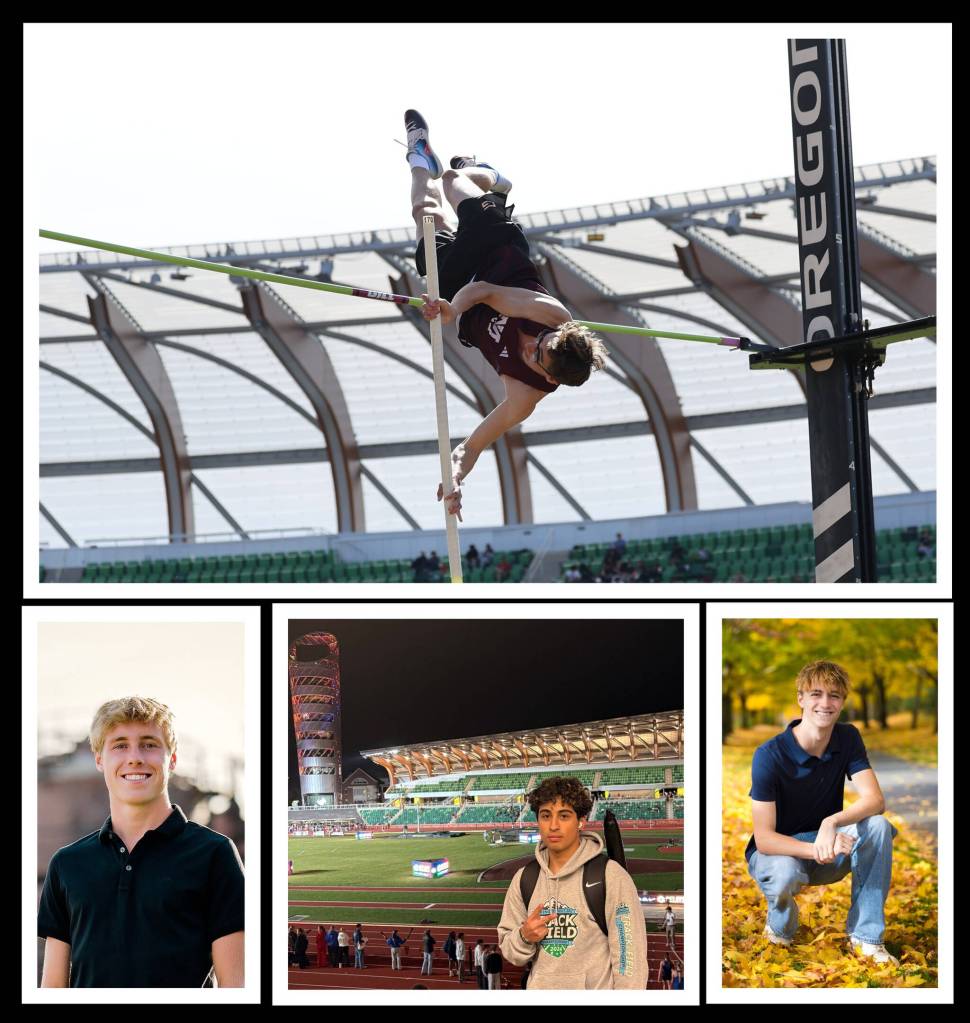 Mercer Island High School senior Owen Clarkson pole vaults during a recent meet. Photo courtesy of Scott Knoblich. Bottom, from left to right, are Islander seniors Matthew Lawrence, Nicholas Castaneda and Connor Ward. Courtesy photos