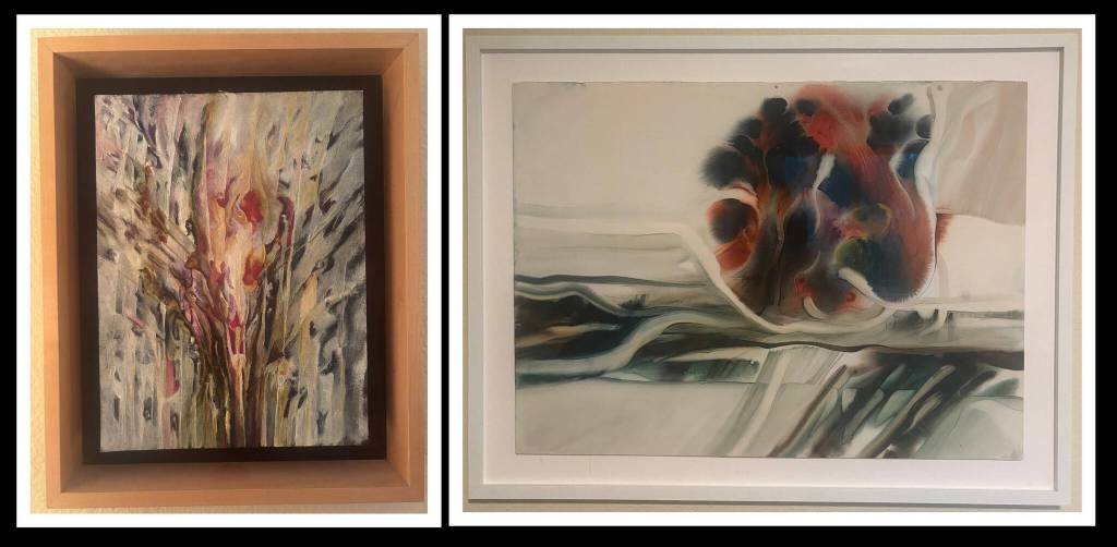 Paintings by Bernadette, left, and Michael Monroe.