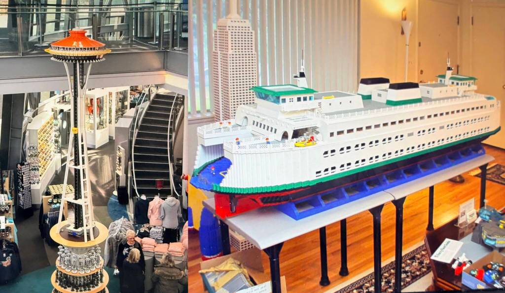 Courtesy photos
Left to right: Husseys Space Needle Lego model inside the Space Needle gift shop and his Issaquah Ferry Lego model.