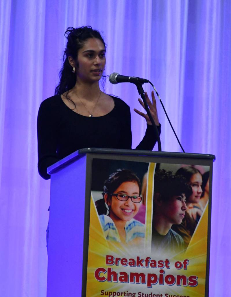 Mercer Island High School senior Anusha Zaveri, who is the 2026 MISF Penny Yantis Scholarship winner, speaks at the breakfast. Andy Nystrom/ staff photo