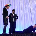 Joel McHale planks while Luthien Finch and Tiger Yang engage in improv. Andy Nystrom/ staff photo