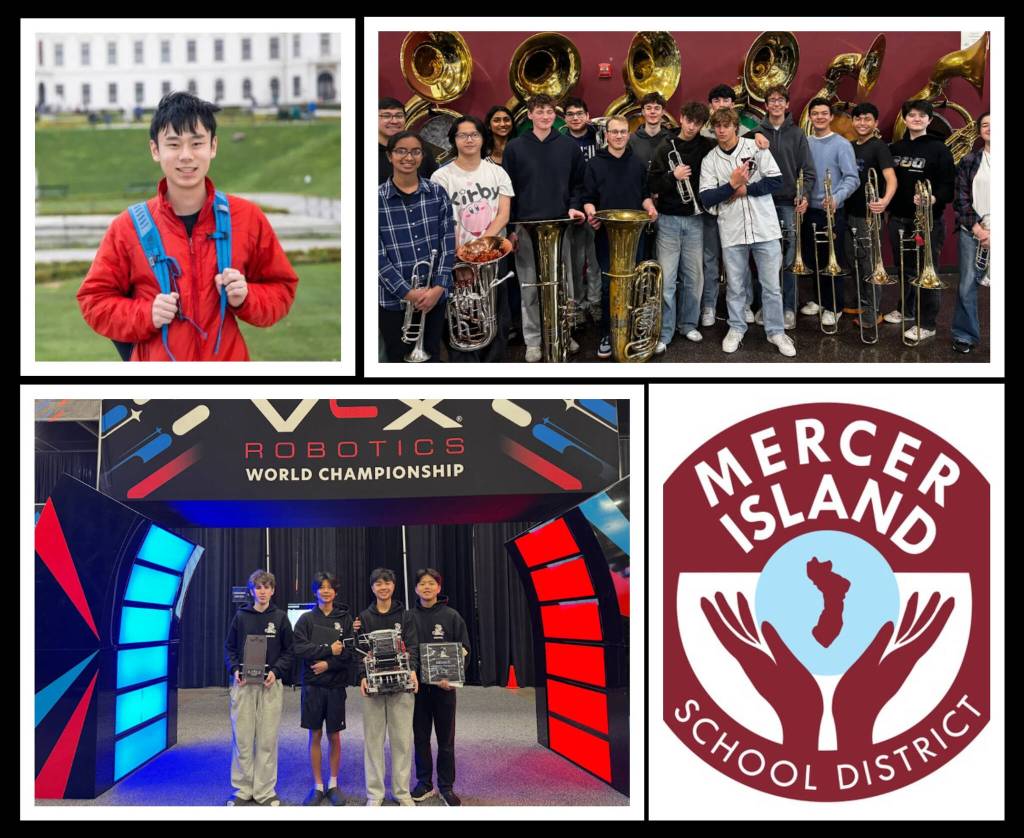 Mercer Island High School (MIHS) sophomore Eric Shao; MIHS band students and the MIHS VEX Robotics team. Photos courtesy of the Mercer Island School District