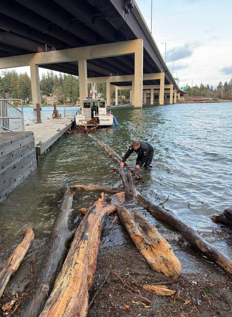 A Mercer Island Police Department Marine Patrol Unit officer pulls a log out of Lake Washington. Photo courtesy of the city of Mercer Island