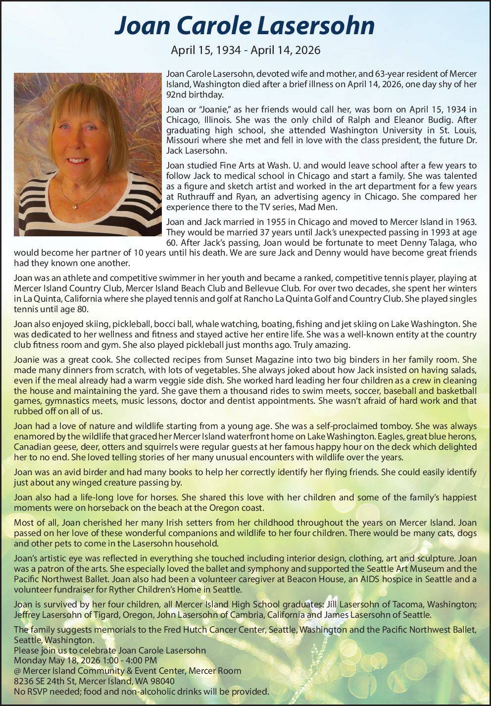 洋楽 OBITUARY Joan Lasersohn | Obit | Mercer Island Reporter