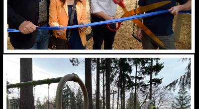 Members of the Mercer Island City Council gathered at First Hill Park with city staff on May 5 to officially dedicate the brand-new playground. Its the second playground replacement completed under the parks levy that was passed by Island voters in 2022. Pictured (from left): Councilmembers Craig Reynolds and Julie Hsieh, Mayor Dave Rosenbaum and Deputy Mayor Daniel Becker. Open since early January, the playground features new equipment, including a 20-foot-tall climbing structure with two slides, the tallest in the citys playground system, swings, a log tunnel, engineered wood fiber surfacing and enhanced, accessible pathways. The design, which was informed by community input and engagement, is geared for children ages 2-12. Photos courtesy of the city of Mercer Island