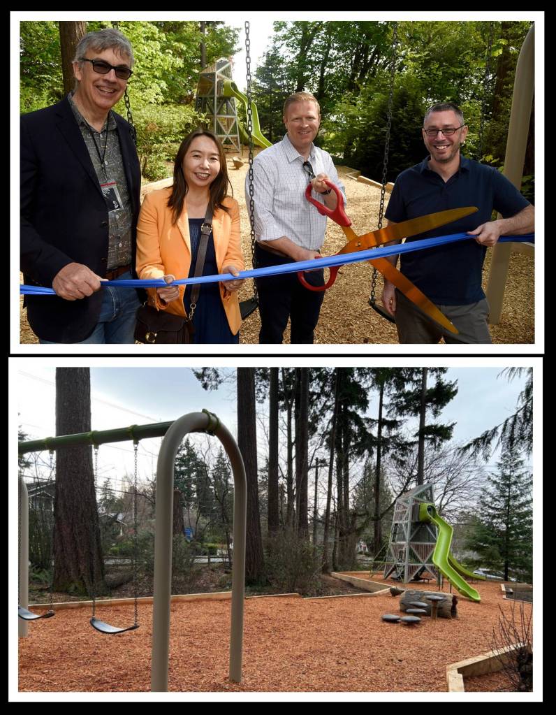 Members of the Mercer Island City Council gathered at First Hill Park with city staff on May 5 to officially dedicate the brand-new playground. Its the second playground replacement completed under the parks levy that was passed by Island voters in 2022. Pictured (from left): Councilmembers Craig Reynolds and Julie Hsieh, Mayor Dave Rosenbaum and Deputy Mayor Daniel Becker. Open since early January, the playground features new equipment, including a 20-foot-tall climbing structure with two slides, the tallest in the citys playground system, swings, a log tunnel, engineered wood fiber surfacing and enhanced, accessible pathways. The design, which was informed by community input and engagement, is geared for children ages 2-12. Photos courtesy of the city of Mercer Island