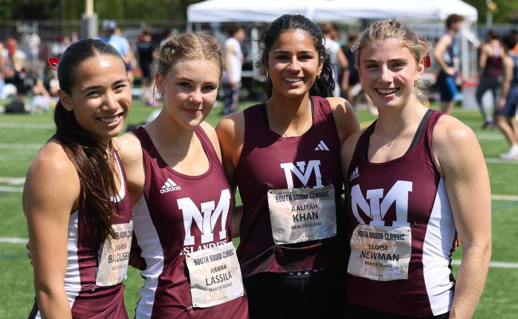 Mercer Island High Schools girls track and field squad placed first in the team standings at the South Sound Classic at Sparks Stadium in Puyallup on May 2. The class 3A Islanders netted 82.5 points to beat out second-place class 4A Curtis (76). The local girls 4x100-meter relay team (pictured) of Lauren Balousek, Hanna Lassila, Aaliyah Khan and Eloise Newman broke both the school and meet records with a time of 48.12. Balousek set a new meet record in the 400-meter run with a time of 56.02. Khan earned athlete of the meet honors by contributing to the relay, taking first in the triple jump (39-6.5) and finishing second in the long jump (18-2.25). Courtesy photo