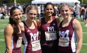 Mercer Island High Schools girls track and field squad placed first in the team standings at the South Sound Classic at Sparks Stadium in Puyallup on May 2. The class 3A Islanders netted 82.5 points to beat out second-place class 4A Curtis (76). The local girls 4x100-meter relay team (pictured) of Lauren Balousek, Hanna Lassila, Aaliyah Khan and Eloise Newman broke both the school and meet records with a time of 48.12. Balousek set a new meet record in the 400-meter run with a time of 56.02. Khan earned athlete of the meet honors by contributing to the relay, taking first in the triple jump (39-6.5) and finishing second in the long jump (18-2.25). Courtesy photo