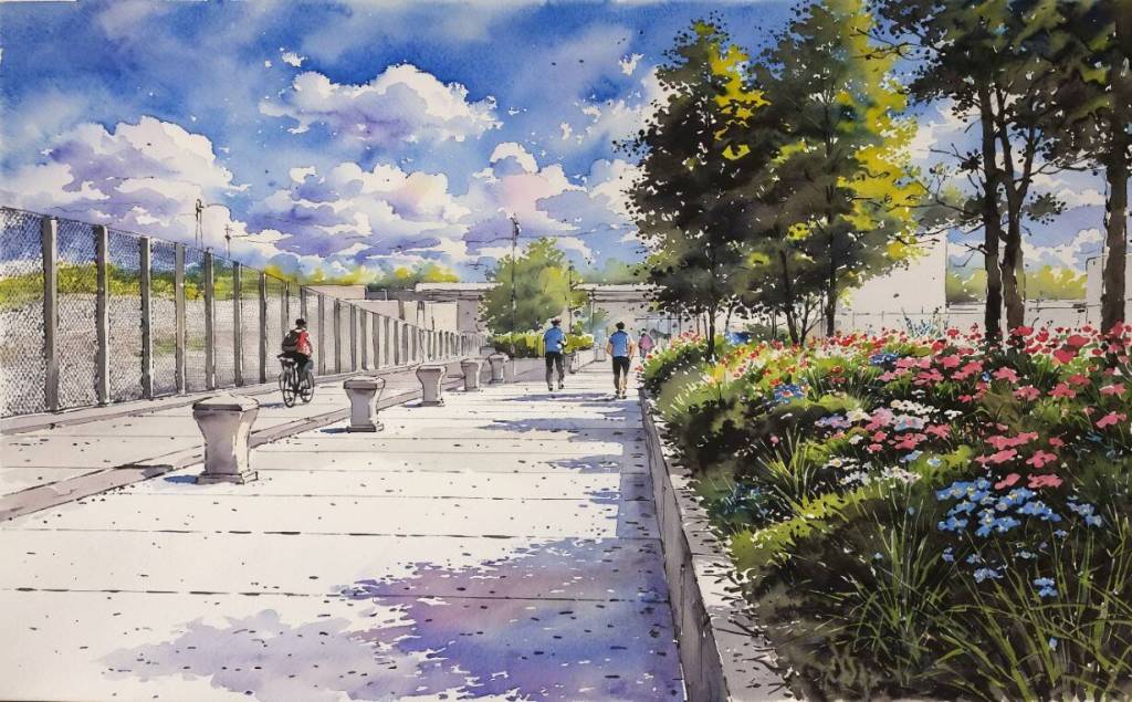 The illustration highlights the separation between bikes and pedestrians envisioned for the Grand Connection Crossing. Photo provided by the city of Bellevue