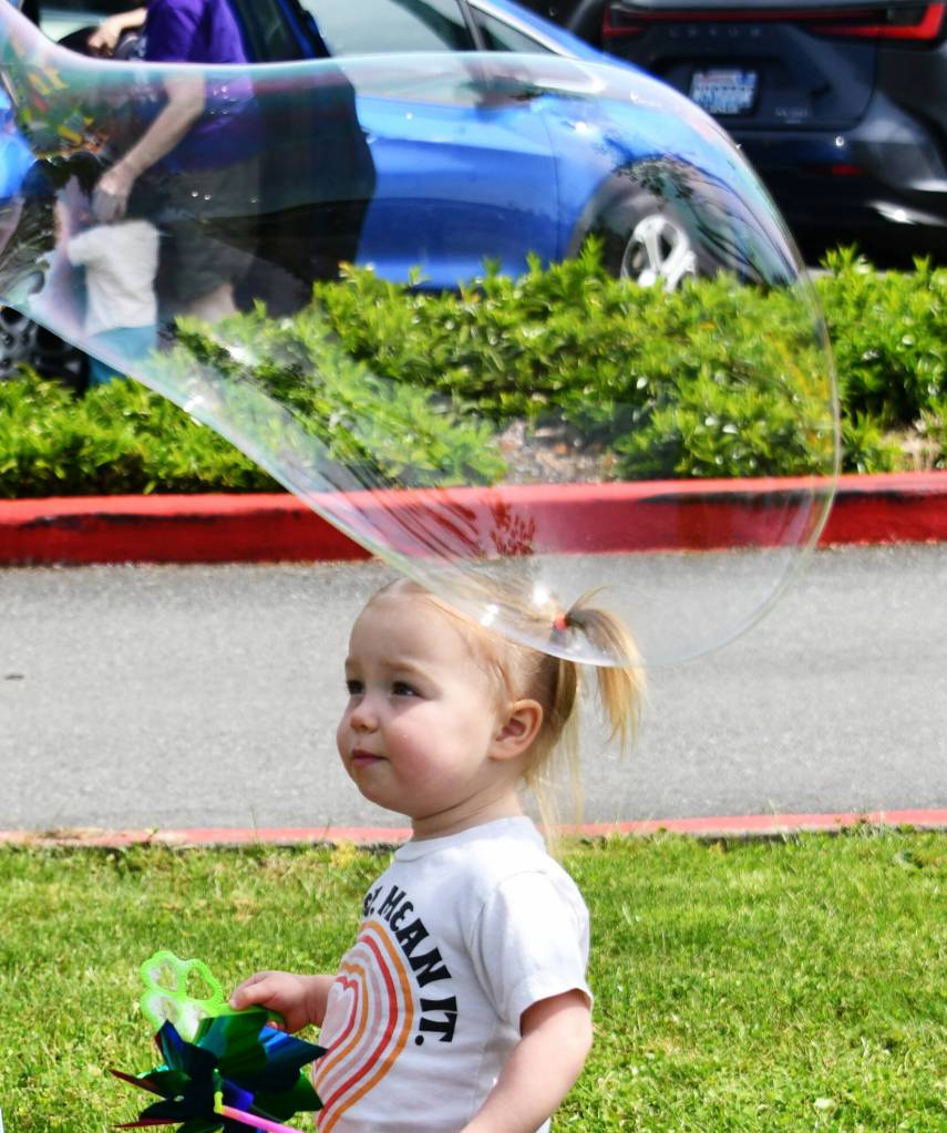 Harper Johnson, 22 months old, enjoys the bubbles at the Community Day of Inclusion. Andy Nystrom/ staff photo