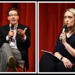 Mercer Island School District Superintendent Dr. Fred Rundle and Mercer Island School Board President Stephanie Burnett speak at the Community Conversation on May 11 at Mercer Island High School. Andy Nystrom/ staff photo