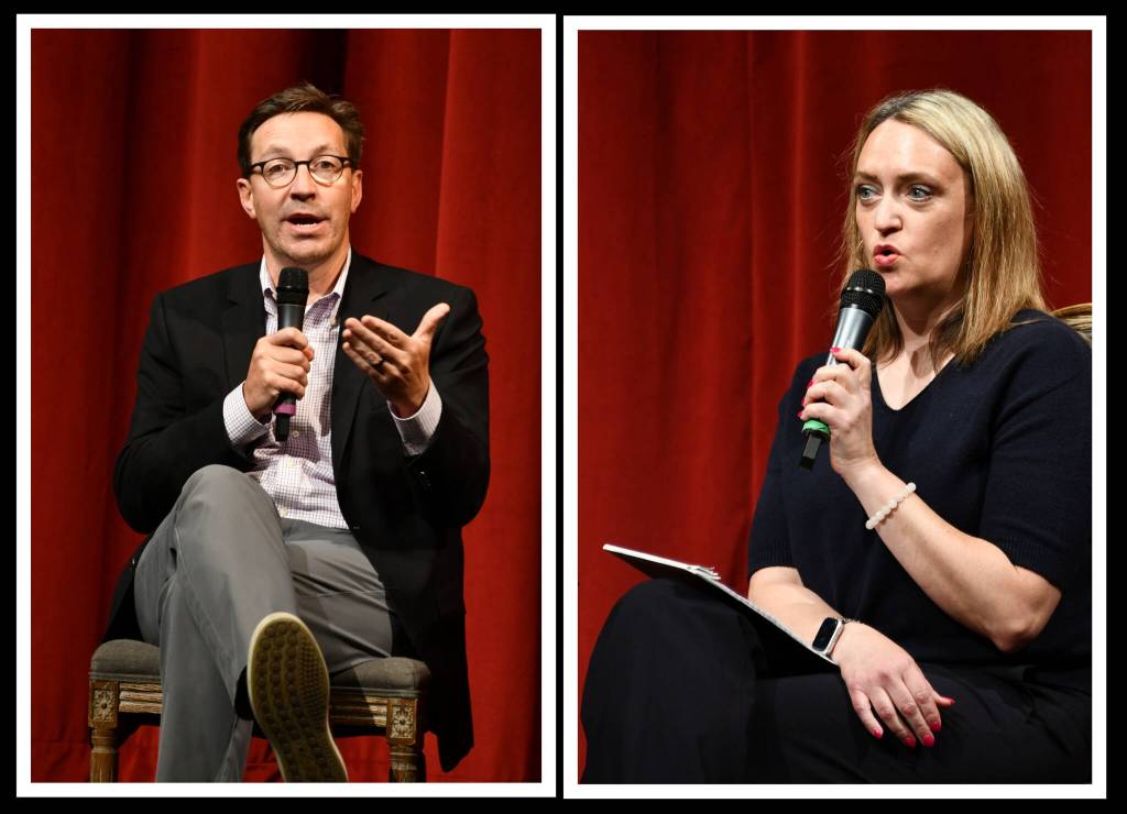 Mercer Island School District Superintendent Dr. Fred Rundle and Mercer Island School Board President Stephanie Burnett speak at the Community Conversation on May 11 at Mercer Island High School. Andy Nystrom/ staff photo
