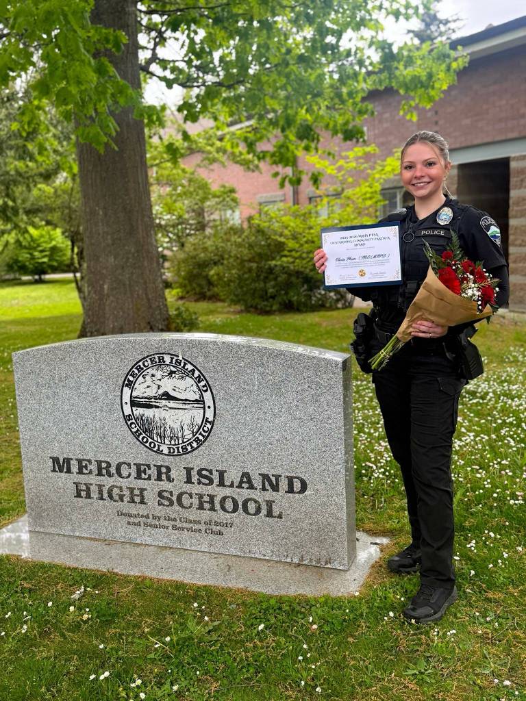 Mercer Island Police Department school resource officer Olivia Phan  Mercer Island High School (MIHS) Class of 2017  received the Outstanding Community Partner Award at the schools PTSA Annual Awards ceremony on May 8. According to the school district, the award recognizes a Mercer Island business or organization that goes above and beyond standard expectations to help and facilitate the work and mission of MIHS PTSA, including helping to build a cooperative relationship between students, schools and community. Photo courtesy of the Mercer Island School District