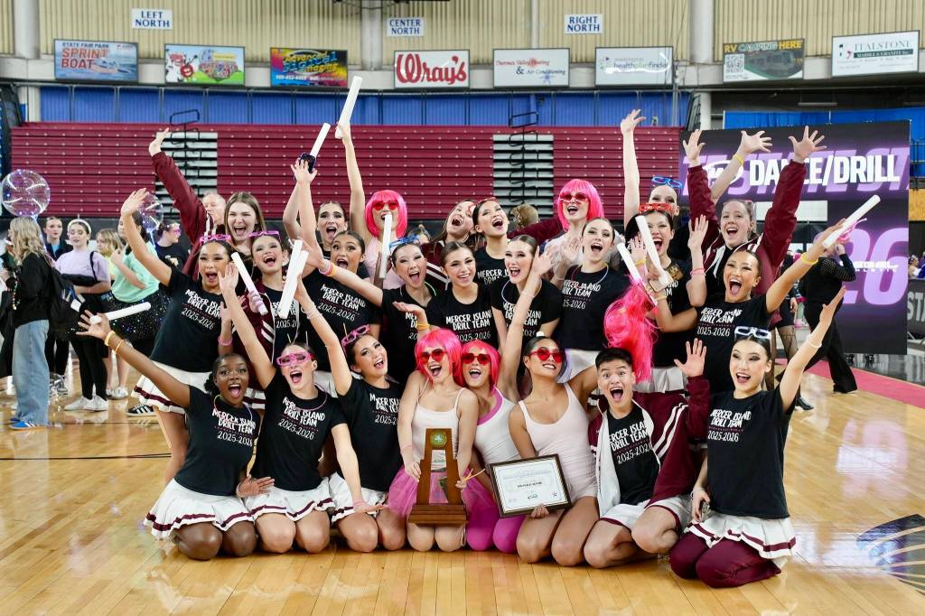 Turning back the clock to March 28, the Mercer Island High School (MIHS) drill team won the 1A/2A/3A state championship in the military category with a score of 271.6 at the Yakima Sun Dome. MIHS also took second in the 3A pom category, scoring a 259.3 and missing first by just 0.8 points; and third in the 2A/3A kick category, scoring a 251.3 and missing first by three points. Photo courtesy of the Mercer Island School District