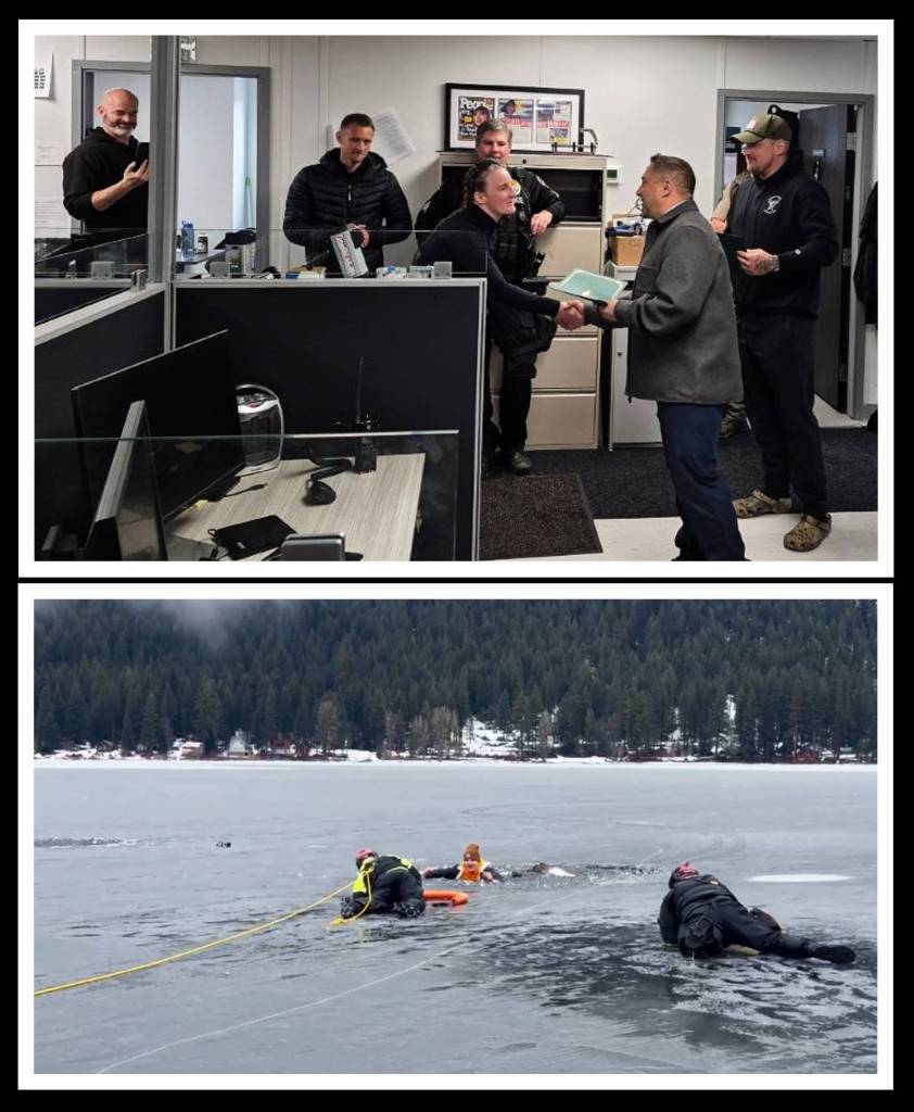 The King County Sheriffs Office awarded Mercer Island Police Department officers Jordan Tranter and Shannon Johnson with the King County Lifesaving Award for their heroic actions during an ice rescue that occurred on Feb. 3 in Fish Lake in the Cascade Mountains. Special Operations Division Chief Jose Marenco and King County Marine Patrol Sergeant Rich Barton presented the awards in recognition of the officers swift response and lifesaving efforts after a person fell through the ice. Officers Tranter and Johnsons professionalism, teamwork and dedication to public safety reflect the highest standards of service and commitment to the community, reads a press release. Courtesy photos