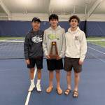 From left to right are Mercer Island High School boys tennis players Joe DeGracia, Vinny Bang and Rhodes Tacher at the 3A state tournament. Photo courtesy of the Mercer Island School District
