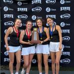 From left to right are Mercer Island High School girls tennis players Sarah Garton, Kara Hillberg, Jayne Tintle and Mia Kinney at the 3A state tournament. Photo courtesy of the Mercer Island School District