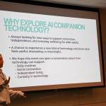 SeBoost president Ina Song speaks at the AI technology community demonstration on May 27 at the Mercer Island Library. Courtesy photo