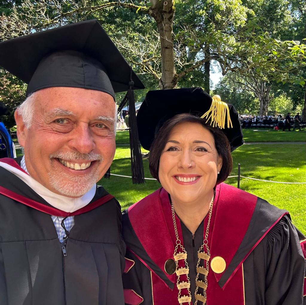 Greg Asimakoupoulos, with Seattle Pacific President Deana Porterfield in 2024, when he spoke to SPU graduates. Courtesy photo