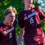 Mercer Island High School sophomore Dylan Jones, right, celebrates scoring his goal with junior Noah Zenden. Photo courtesy of Ari Stoffer
