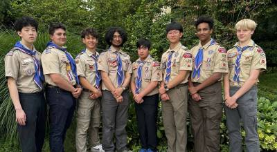 Left to right are new Mercer Island Eagle Scouts Eric Liu, Timothé Piteira, Khai McMullan, Neil Pandya, Bowen Nago, Yul Park, Amani Bergquist and Milo McJannet. Courtesy photo