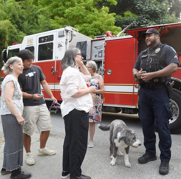 Mercer Island Police Department officers and Eastside Fire & Rescue firefighters visited residents on National Night Out. Photo courtesy of the city of Mercer Island